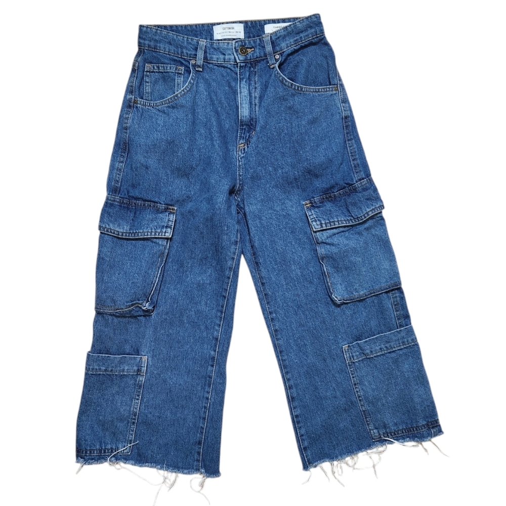 Cotton On Cropped Cargo Wide Leg Jeans 4 Raw Hem